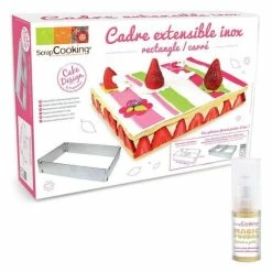 Meilleure affaire 🎁 ScrapCooking Cadre Pâtisserie Cadre à Pâtisserie Extensible Rectangle + 1 Poudre Alimentaire Irisée Dorée 🎉